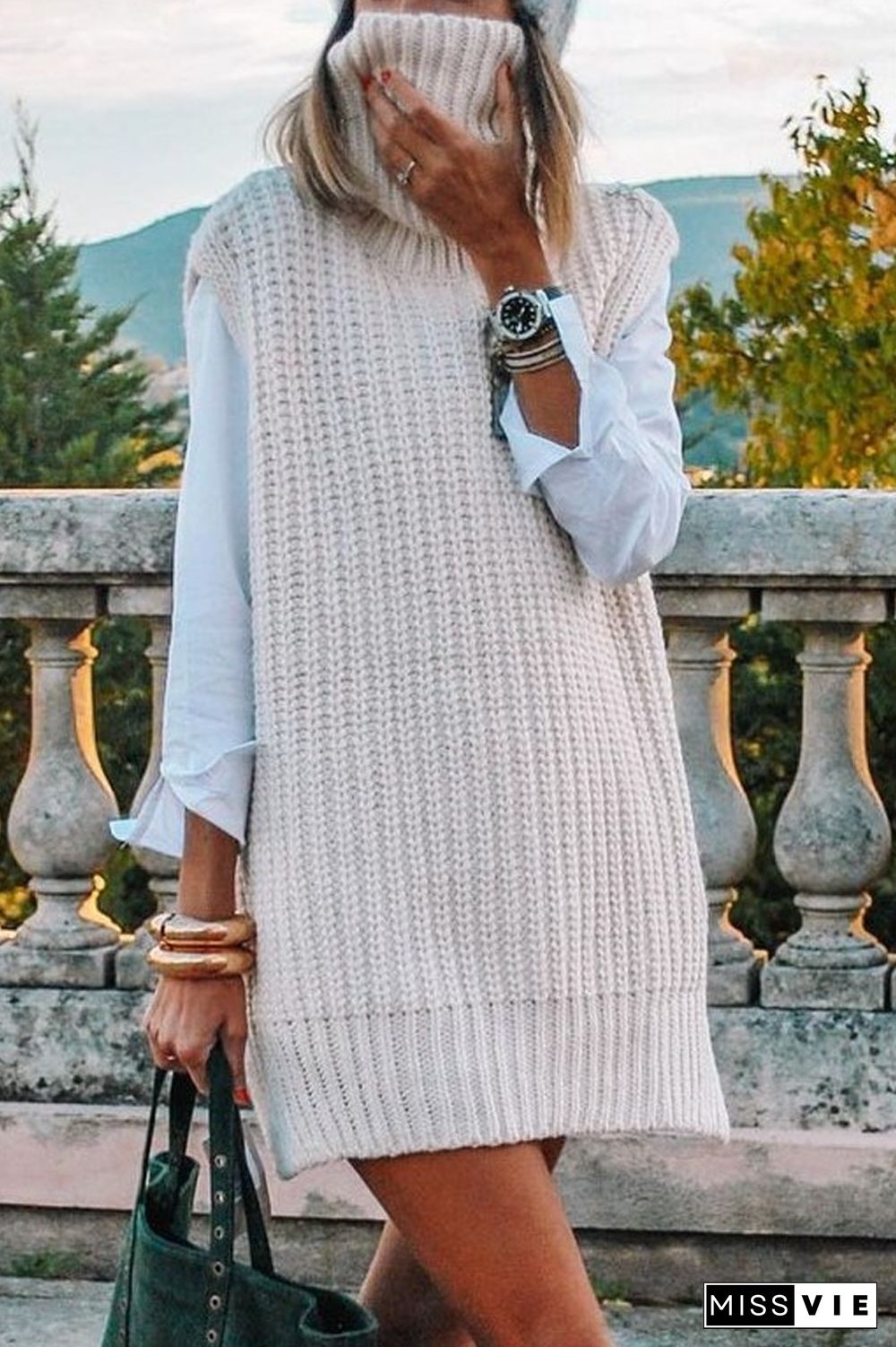 Turndown Collar Sleeveless Casual Sweater
