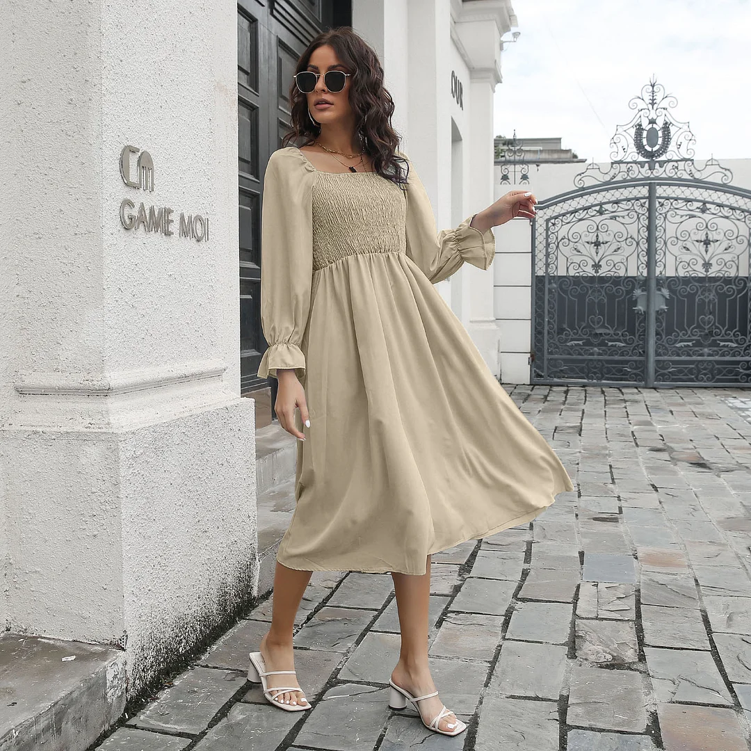 Elegant Fashion Spring Women Dress New Chiffon Solid Casual Full Flared Sleeve One-line Collar Pleated Midi A-line Dress
