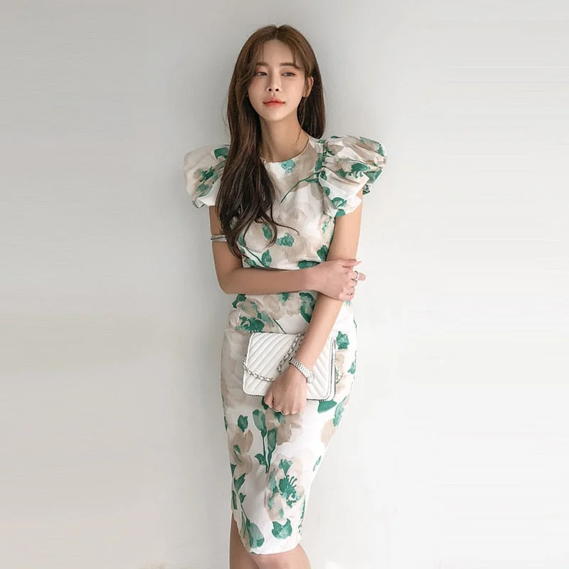 Women Sexy Puff Sleeve Office Lady Vestidos Summer Elegant Slim Waist Female Print Dresses