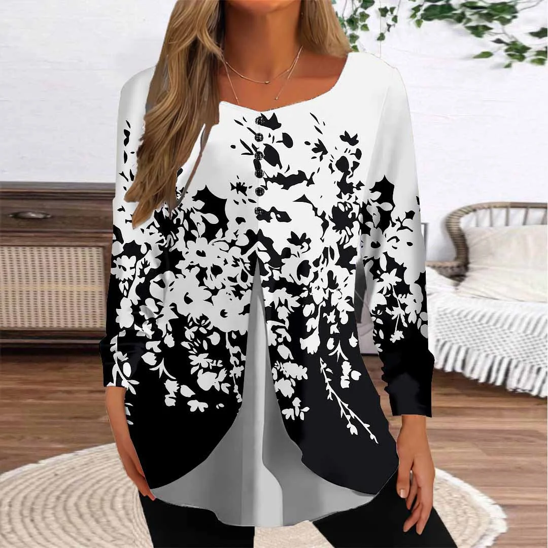 Women Floral,Black DZGG8365 Long Sleeve Scoop Neck Printed Graphic Button Fake 2in1 Tops