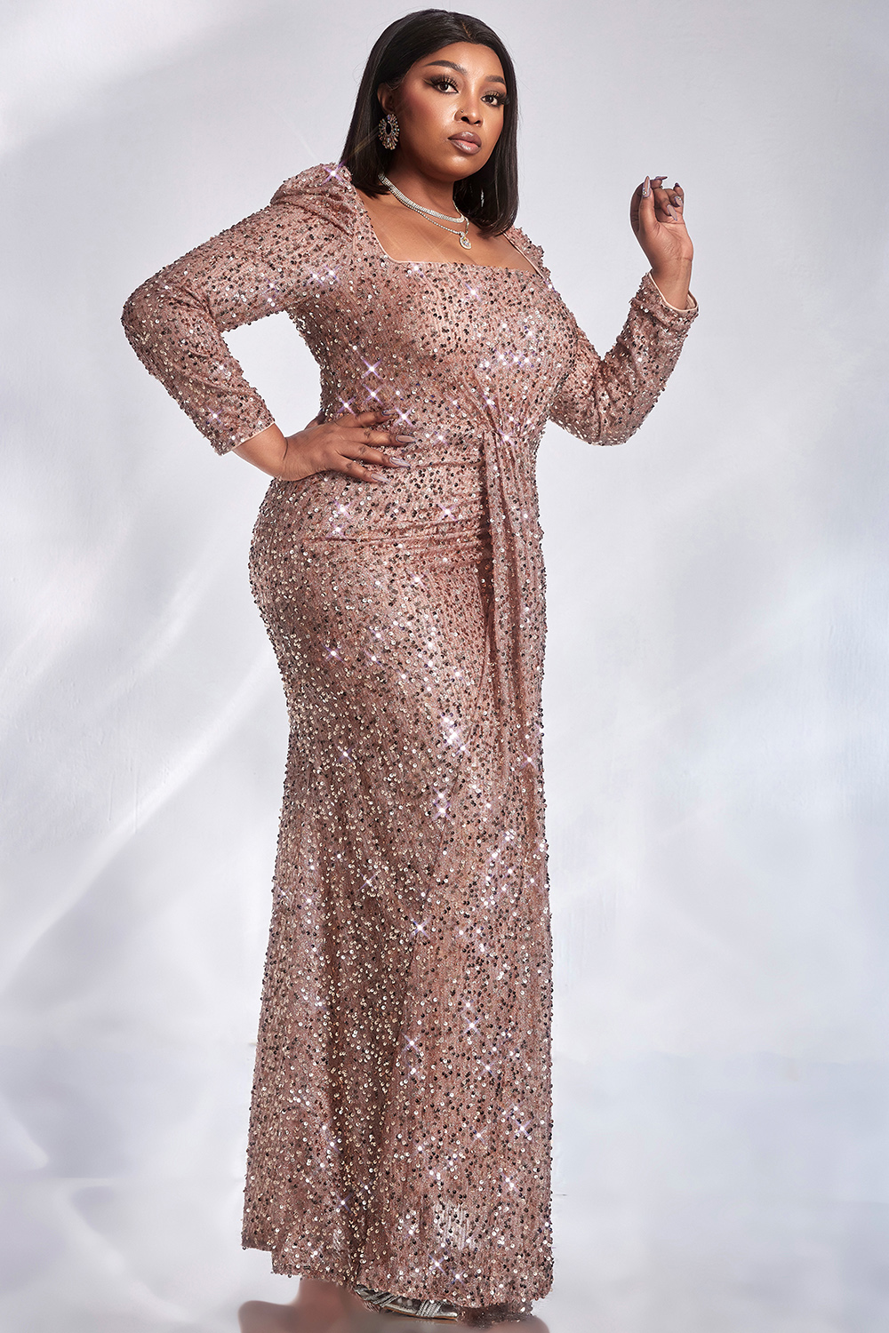 Design Plus Size Evening Dress Formal Rose Gold Sequin Square Neck Long Sleeve Mermaid Maxi Dress