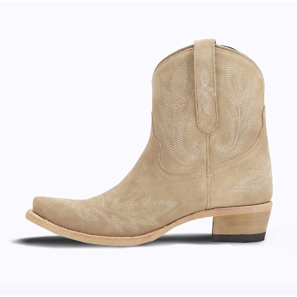 Beige Block Heel Embroidered Snip Toe Short Cowgirl Boots for Women