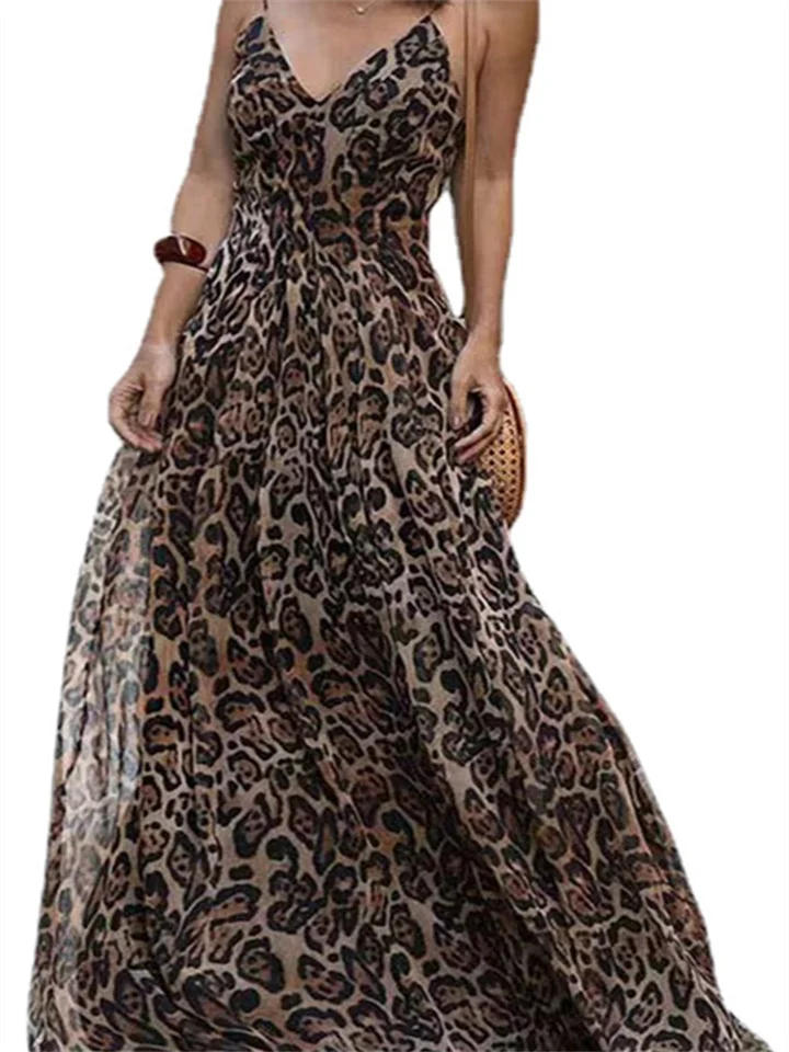 Fashion Leopard V-neck Sexy Sling Backless Dress | EGEMISS