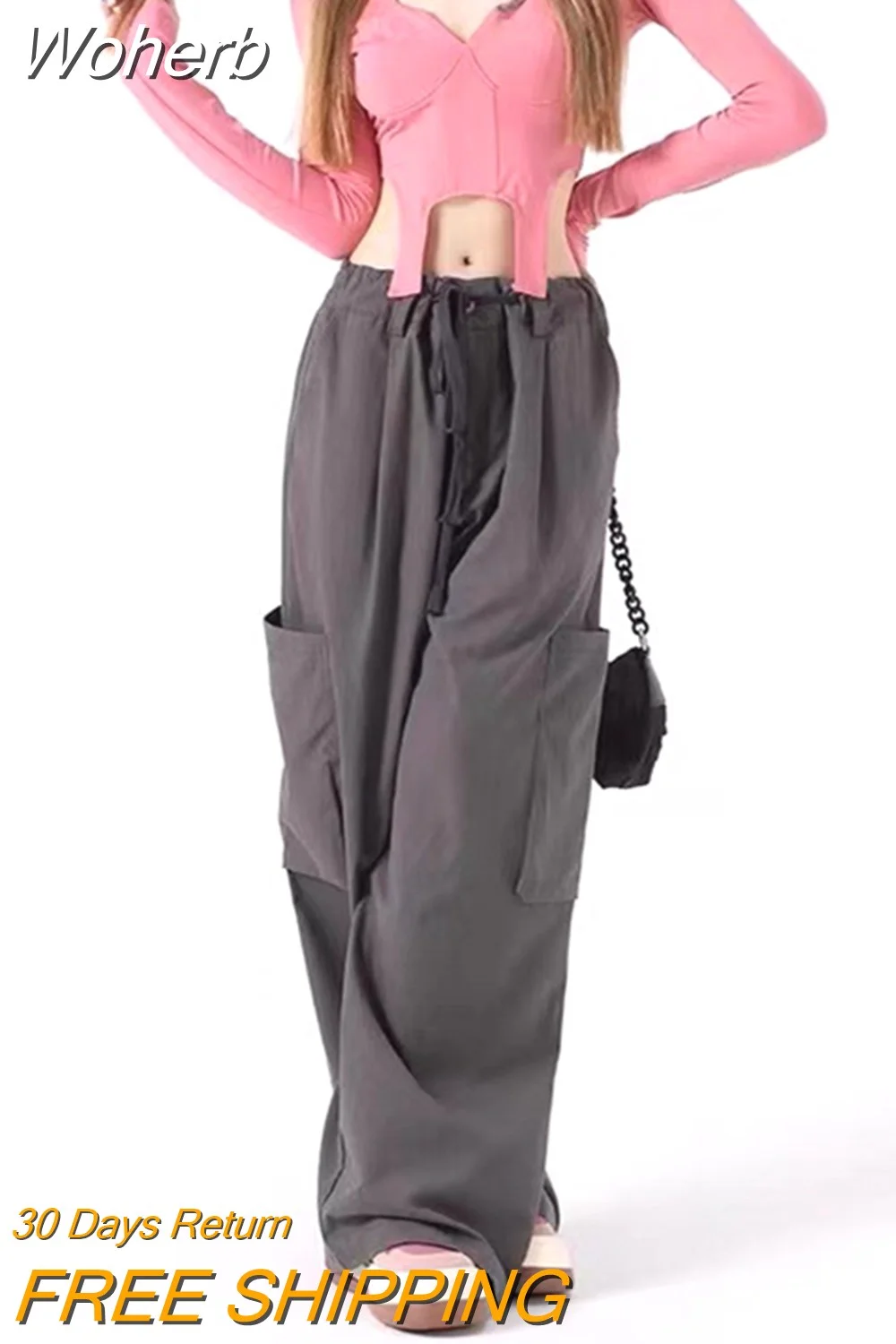 Woherb Pockets Cargo Pants Casual Harajuku Baggy Wide Leg Hippie Pants Women Vintage Loose High Waist Long Trousers Sweatpant