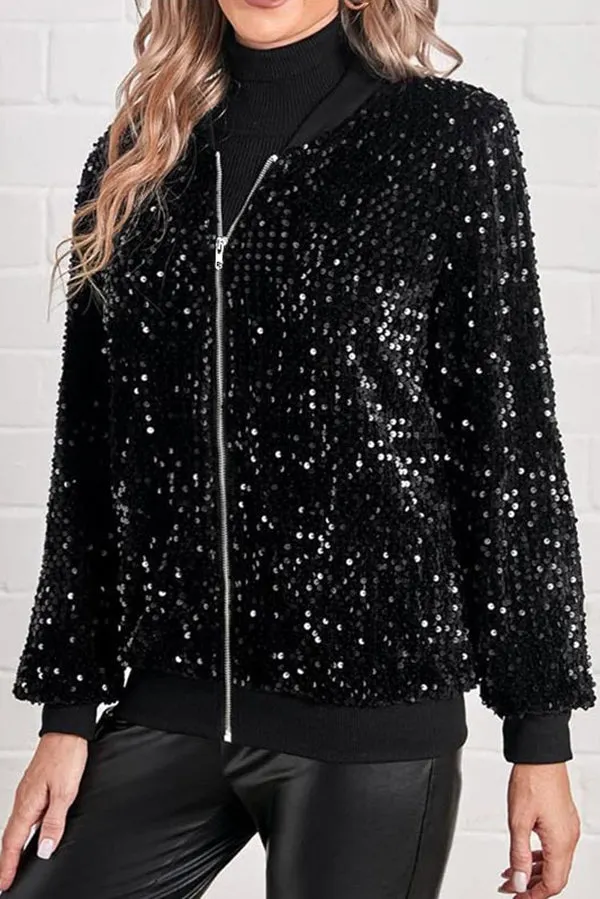 Fashionable Sequined Long-sleeved Zip-up Casual Jacket