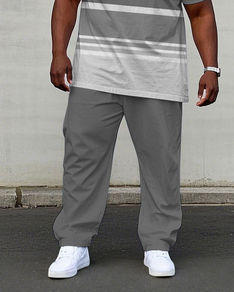 Men's Plus Size Black Gray Thick Striped Short Sleeve T-shirt Trousers Suit