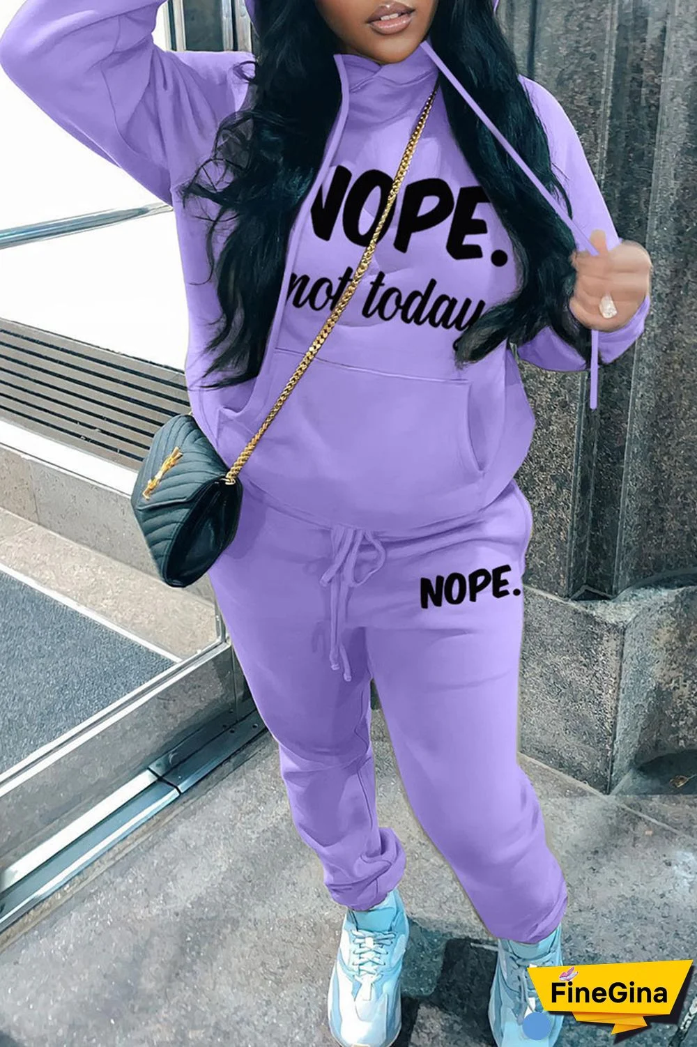 Purple Casual Letter Print Basic Hooded Collar Long Sleeve Two Pieces