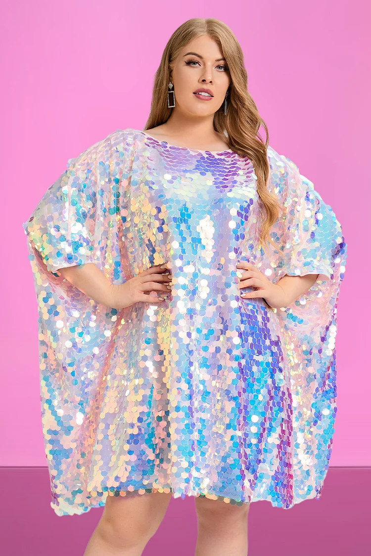 Xpluswear Plus Size Party Reflective Sequin Batwing Sleeves One Shoulder  Mini Dress