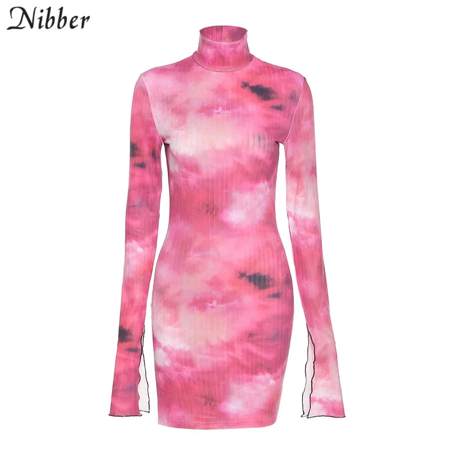 Nibber Tie-Dye Printing Petal Sleeve Half-High Collar Women's Dresses Sexy Casual Elastic Tight Street Colorful Bodycon Dresses