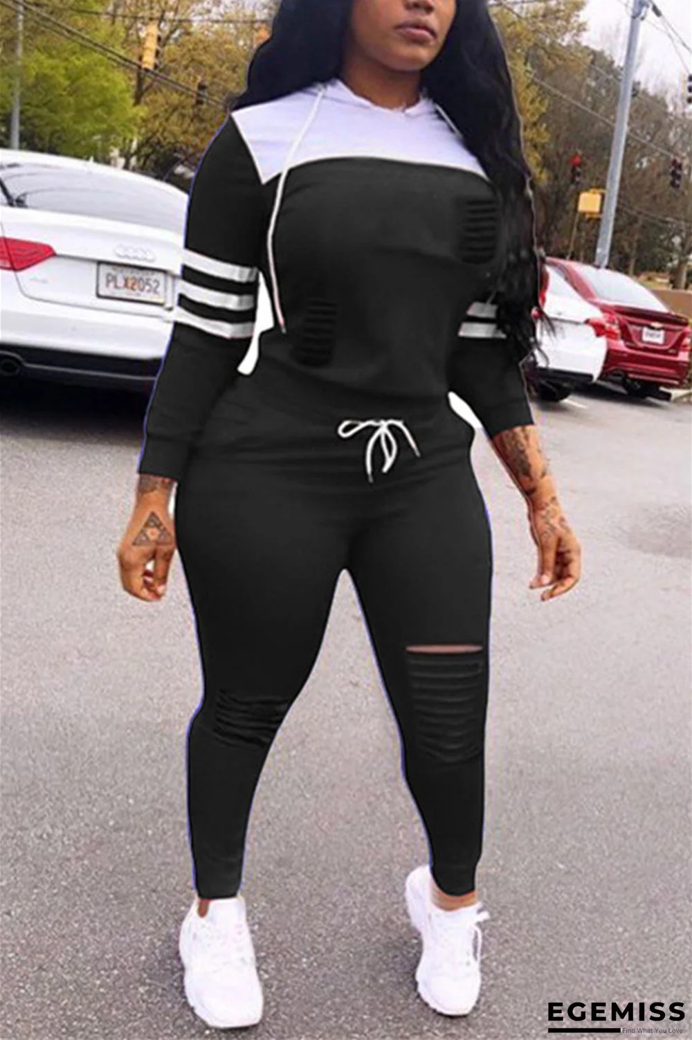 Black Sexy Casual Striped Patchwork Print Solid Burn-out Two Piece Suits pencil Long Sleeve Two Pieces | EGEMISS