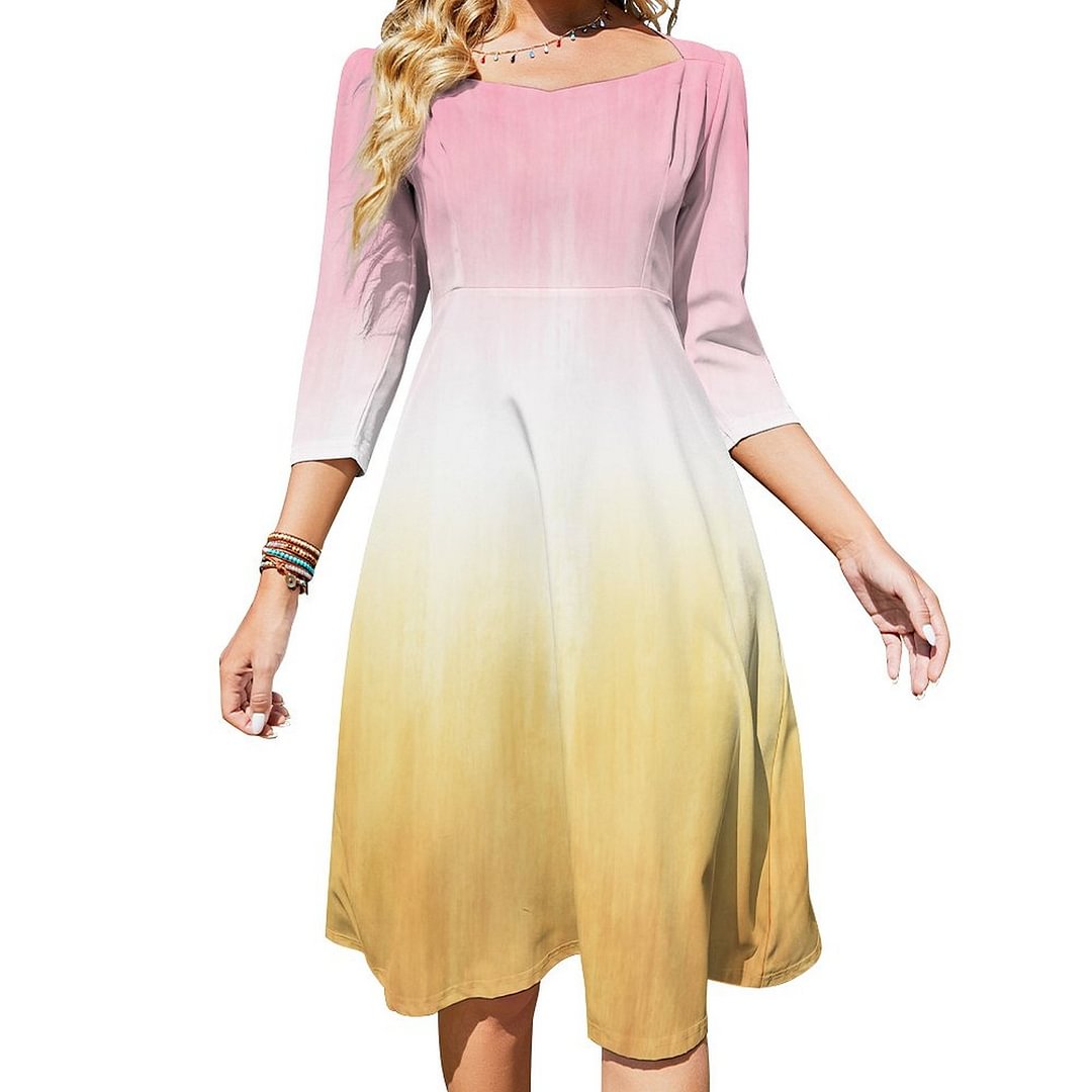 Pink And Yellow Painting Brush Strokes Modern Art Dress Sweetheart Tie Back Flared 3/4 Sleeve Midi Dresses