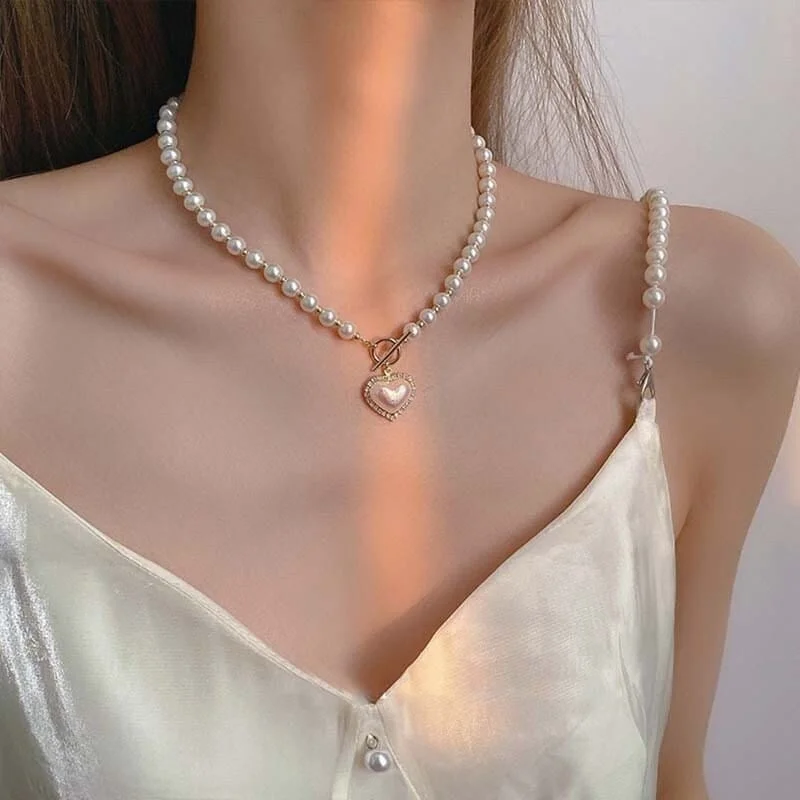 Toggle Clasp Heart Pendant Pearl Chain Choker Necklace