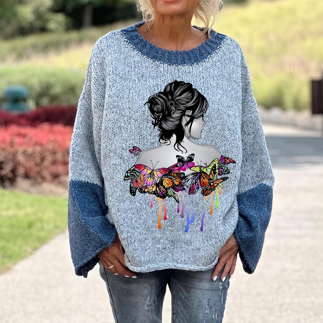 Butterfly Back Printed Women's Loose Sweater