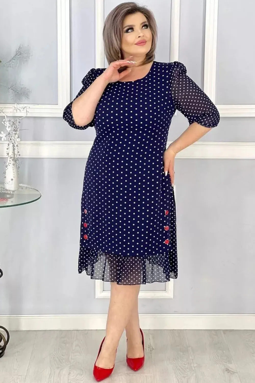 navy blue polka dot dress plus size Navy Polka Dot A-line Dress, Plus Size Georgette Flowy Dress Kosara