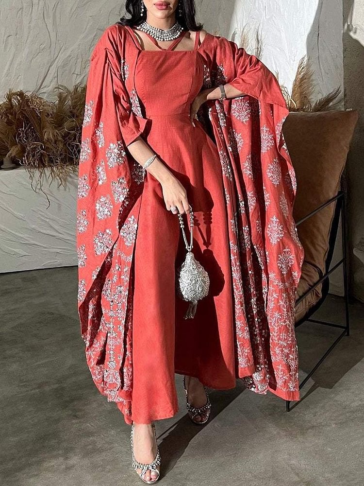 Red Halter Dress and Floral Embroidered Tunic Set