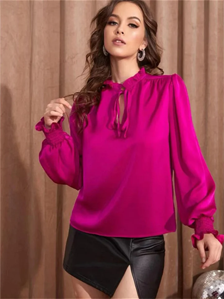 Fashion Female Shirt Spring and Summer New Elegant Solid Color Round Neck Long-sleeved Ties Straight Type Satin Female Blouse-Mixcun