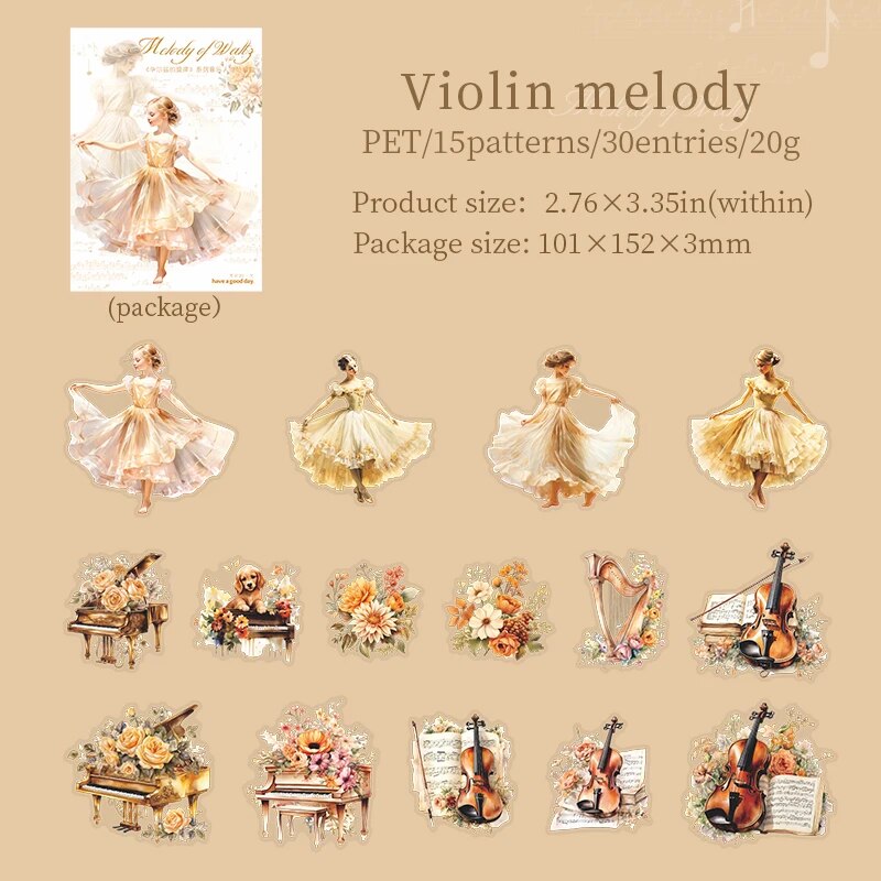 Journalsay 30 Sheets Waltz Melody Series Vintage Character Landscaping PET Sticker