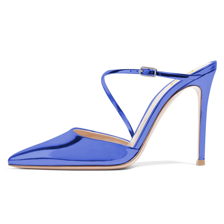 Blue Mirror Leather Pointy Toe Mule Heels for Office Lady |FSJ Shoes