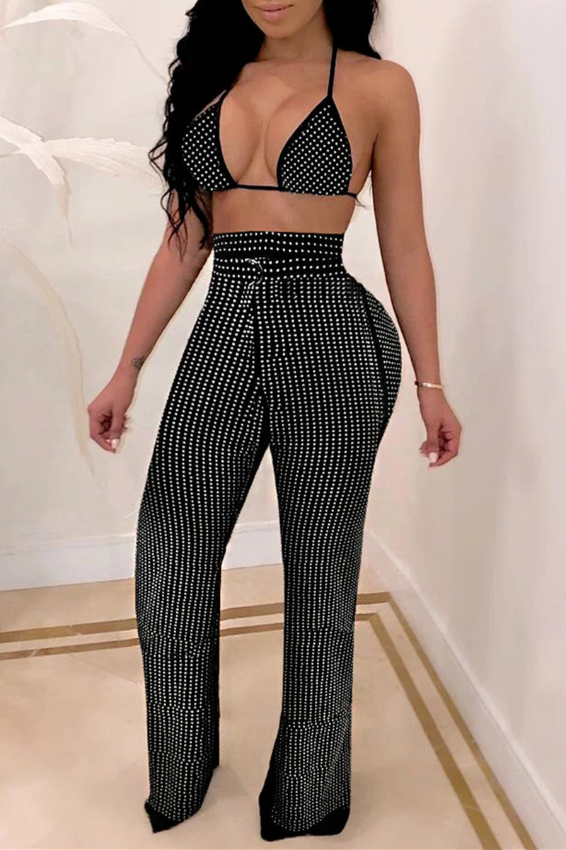 Fashion Sexy Patchwork Hot Drilling Bandage Backless Halter Sleeveless Two Pieces