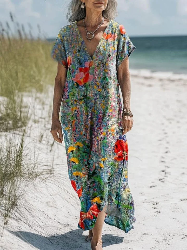 Women's Vintage Lovely Floral Art Print Pocket Cotton Dress