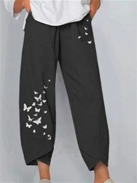 Women's Floral Printed Elastic Waist Cotton Linen Loose Casual Pants