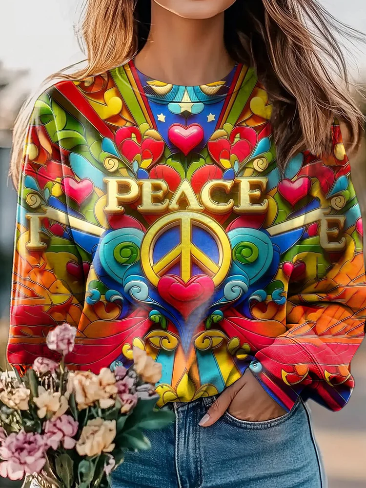 Peace Heart Hippie Pattern Art Print Casual Sweatshirt