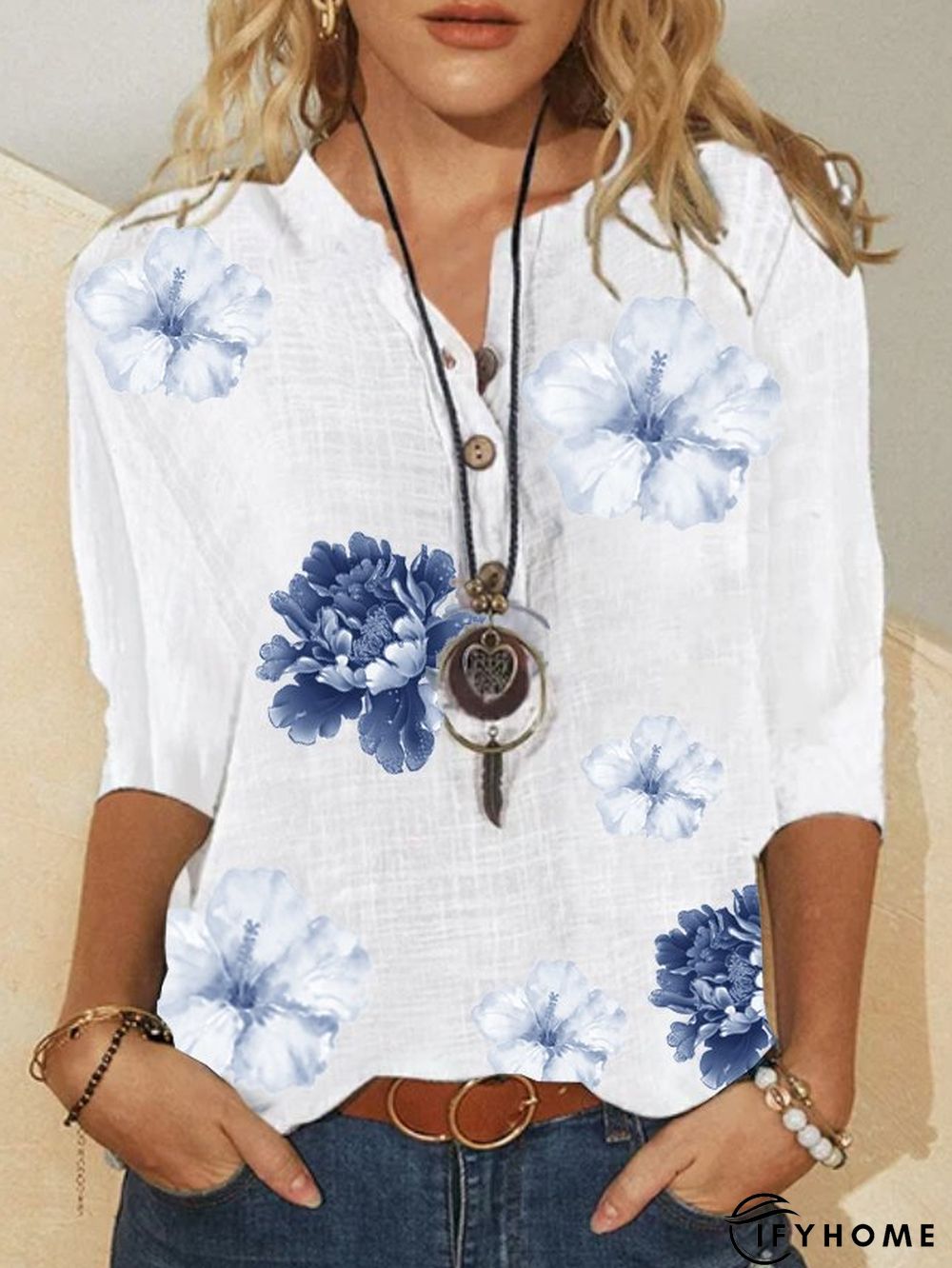 Floral Half Sleeve Printed Polyester V neck Vintage Summer White Top | IFYHOME