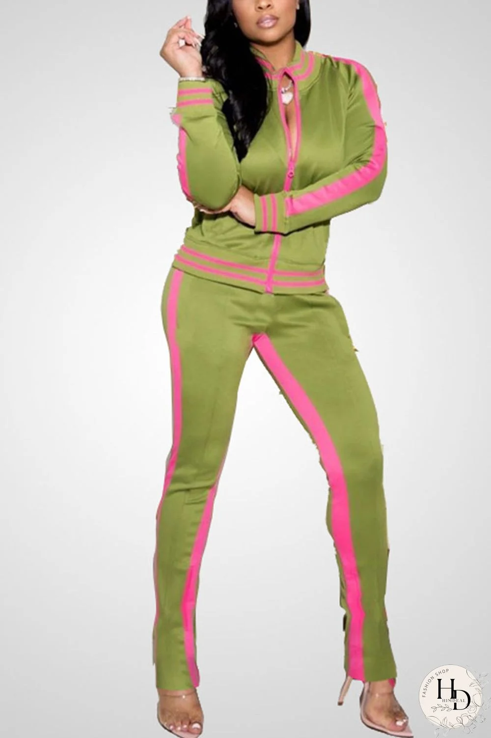 Green Casual Solid Split Joint O Neck Long Sleeve Two Pieces