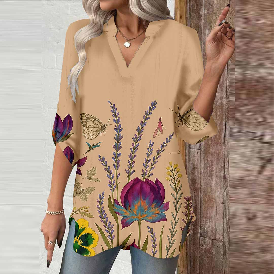 Women Floral,Khaki DZGA0011 3/4 Sleeve V-neck Printed Graphic Button Tops