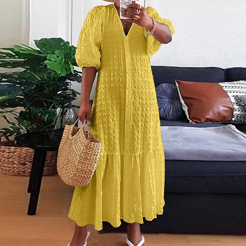 VONDA Women Summer V Neck Button Long Shirt Dress 2022 Half Sleeve Holiday Party Pleated Maxi Dresses Casual Bohemian Vestidos