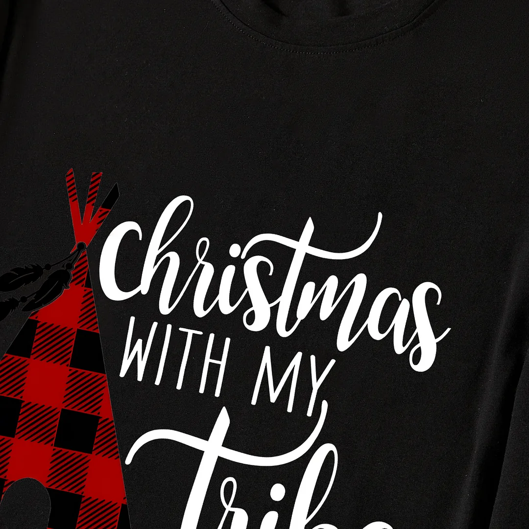 Christmas Text Print Black Long Sleeve Top with Red & White & Green Plaid Family Matching Pajamas 2024