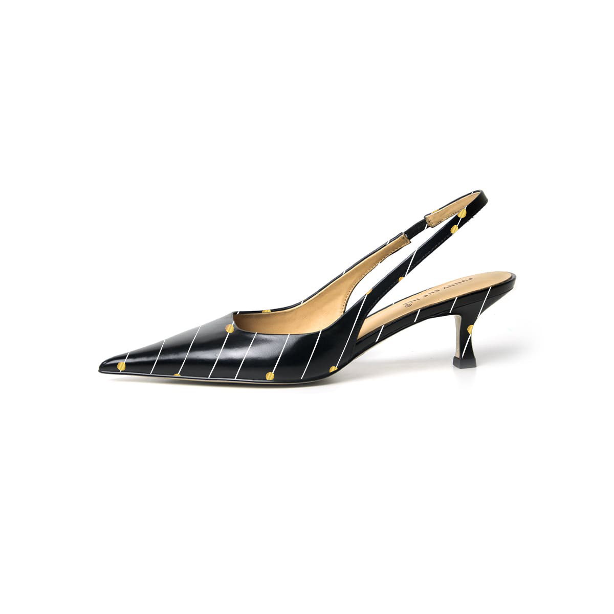 Black Patent Leather Pointed Toe Kitten Heel Pumps with Pattern Nicepairs