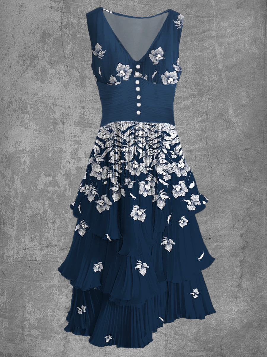 Floral Print Sleeveless V-Neck Button Up Retro Midi Dress