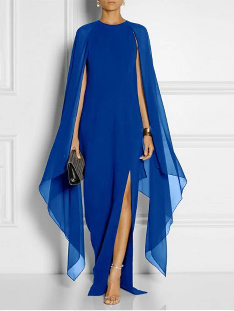 Elegant Thigh Split Hem Cloak Sleeve Maxi Dress