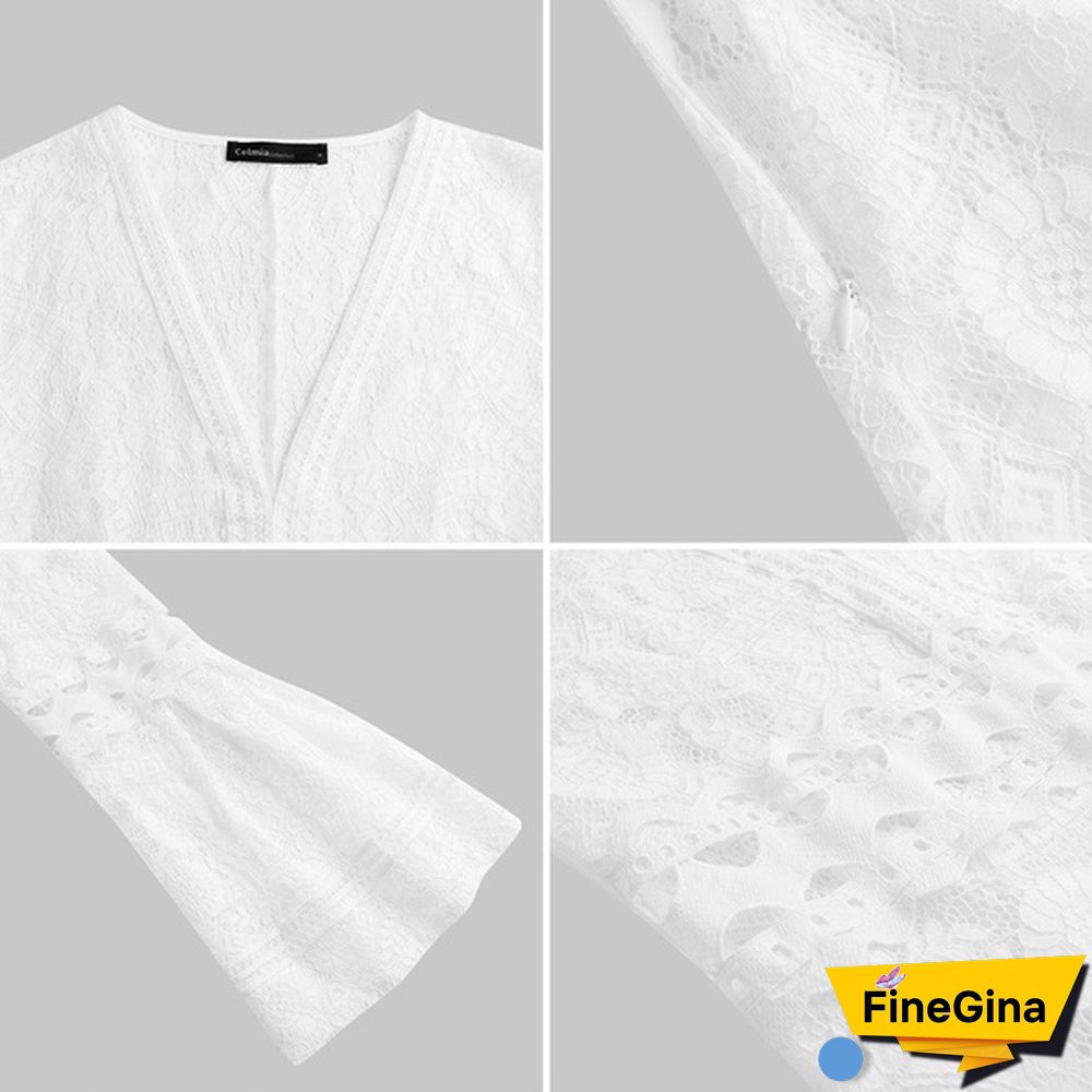 Women Flare Long Sleeve Mini Dress Lace Hollow Out Deep V Neck Party Casual Short Dress Plus Size