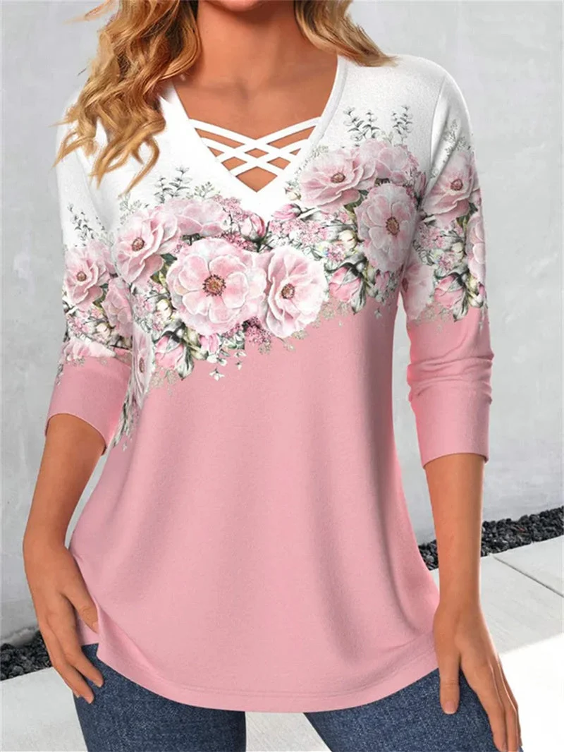 Women's Lace-up Floral Printed V-Neck Long Sleeve Top