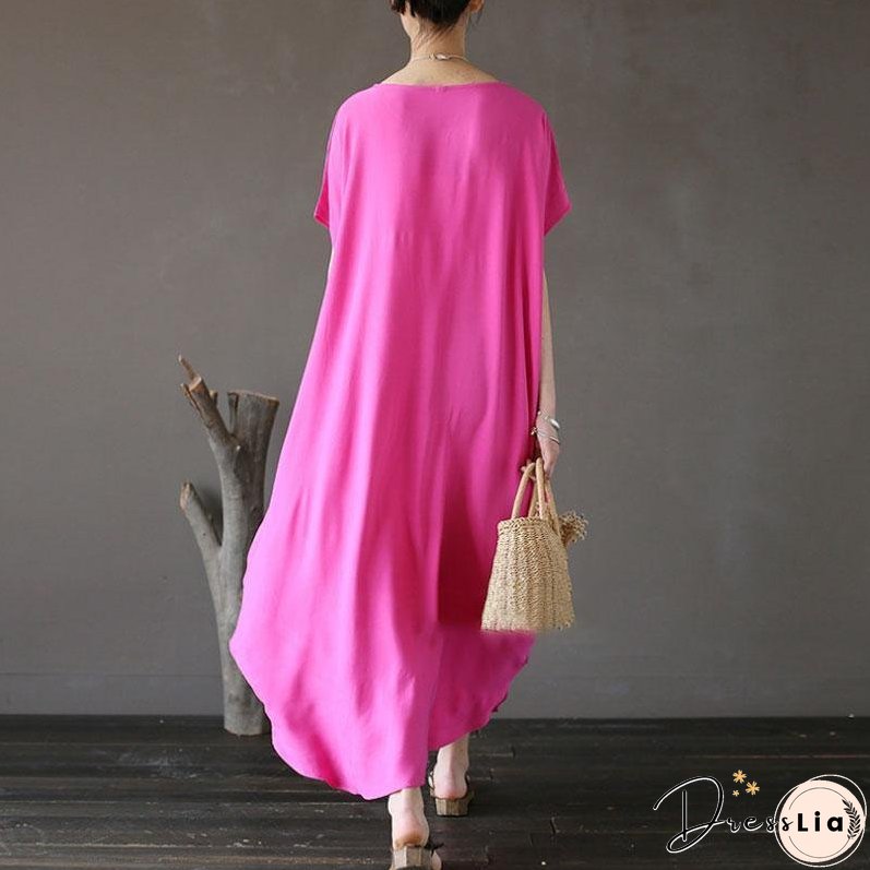 Women Cotton Short Sleeve Plain Pink Loose Dress