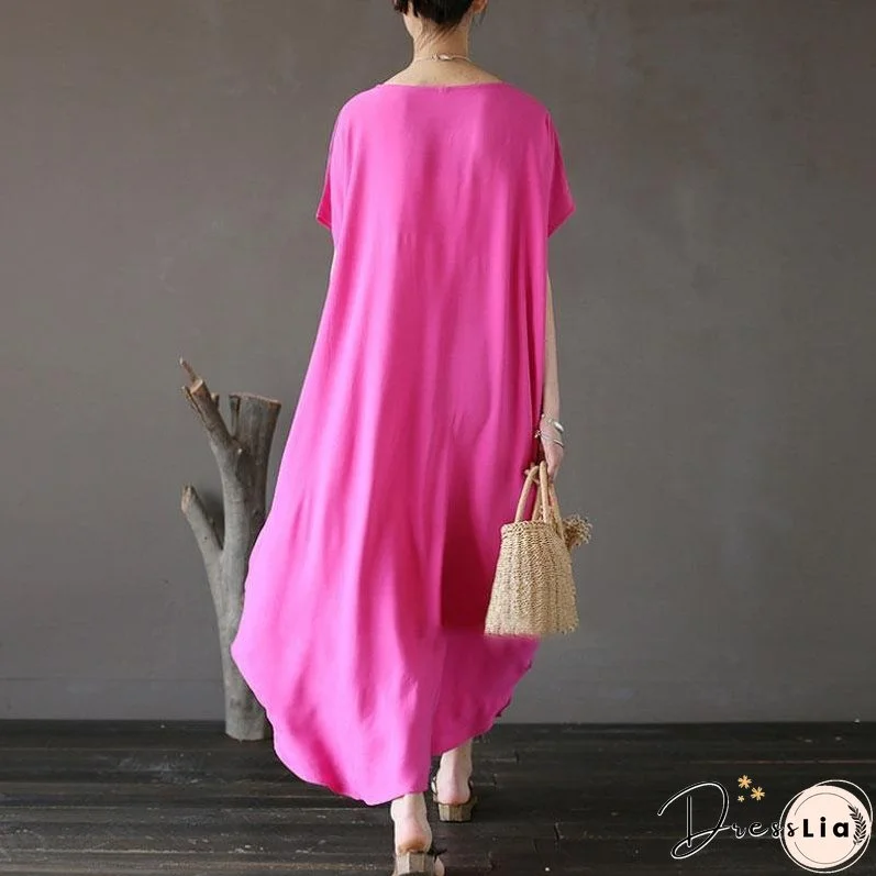 Women Cotton Short Sleeve Plain Pink Loose Dress