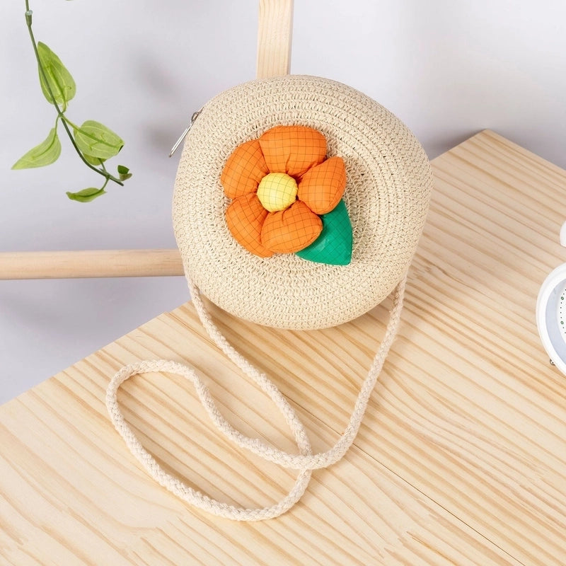 Girl’s Small Straw Flower Bow Knot Cute Round Zipper Crossbody Bag