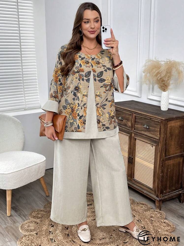 2pcs Plus Size Floral Print Patchwork Long Sleeve Top And Wide Leg Pants Set, Autumn | IFYHOME