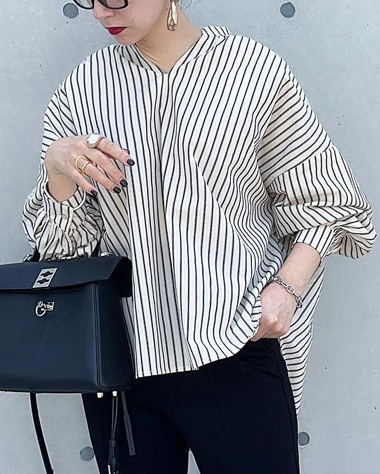 Striped Balloon Sleeve Stand Up Collar Oversized Shirt