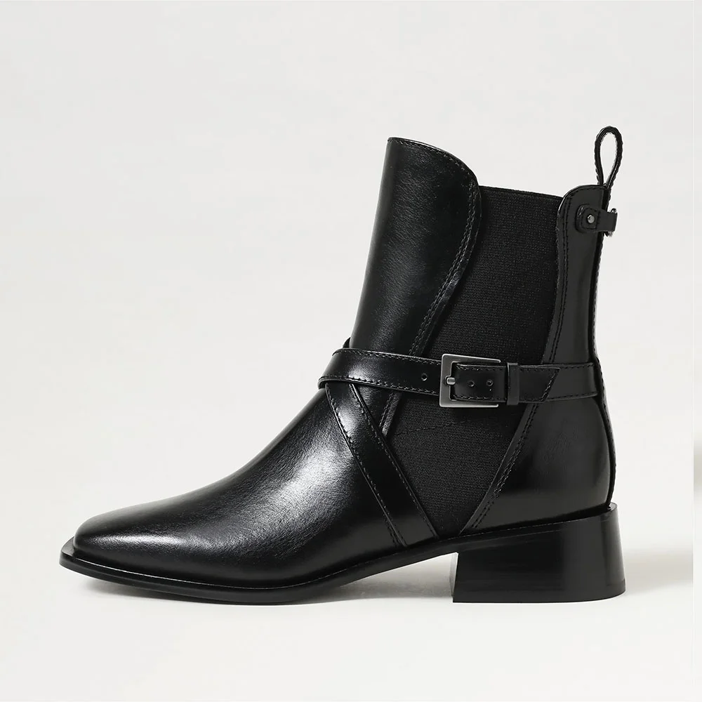 Classic Black Square Toe Chunky Heel Short Boots for Women with Buckle