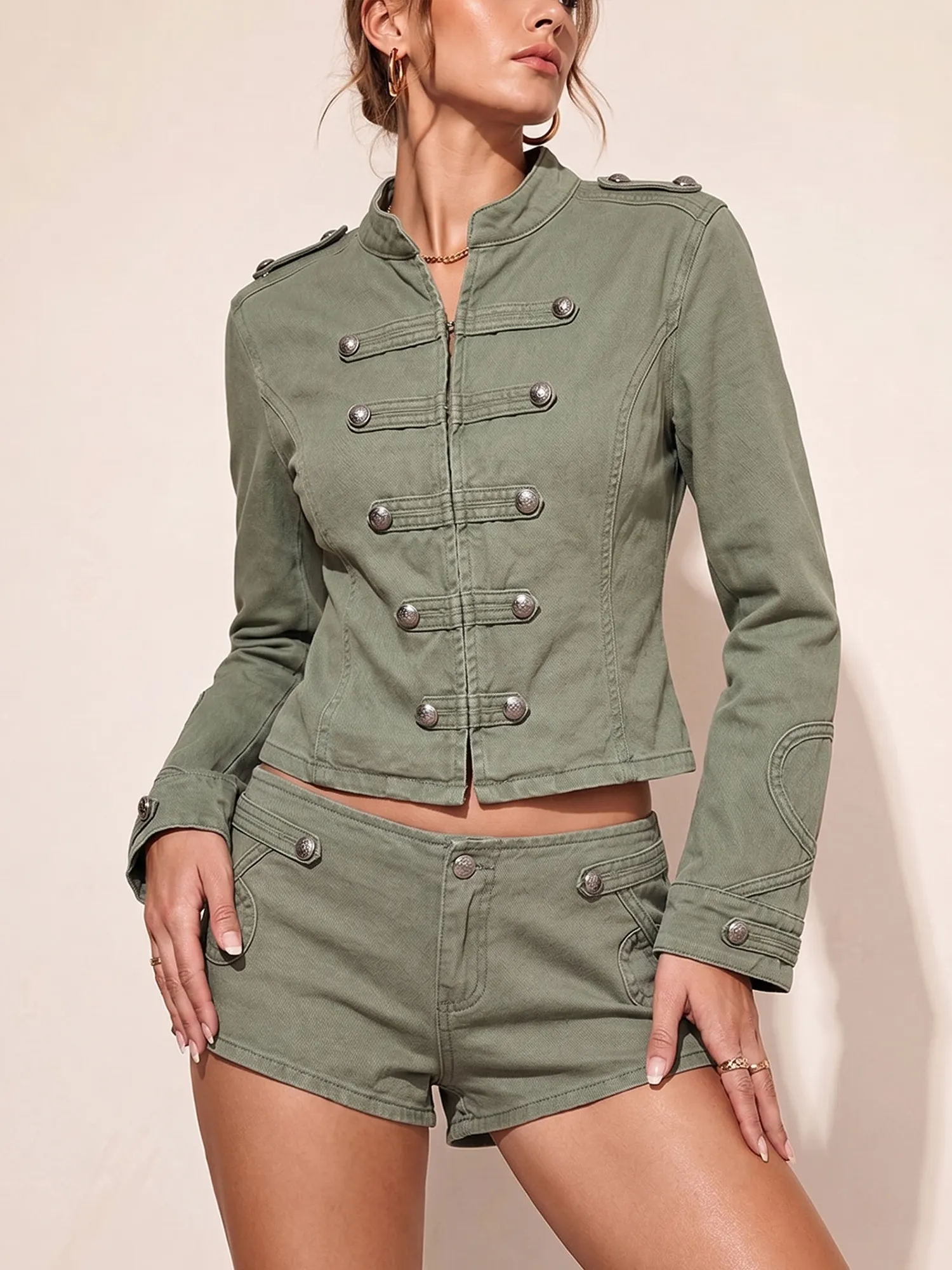 Western Style &mdash; Women's Olive Green Sleek Stand Collar Heavy-Duty Multi-Bag Denim Two-Piece Set