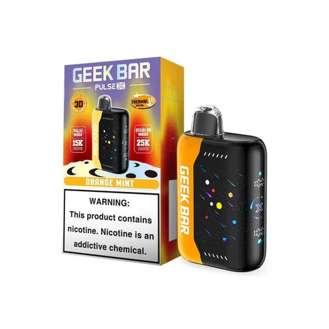 Geek Bar Pulse X 25K Thermal Edition Orange Mint vape, colorful design, 25,000 puffs.