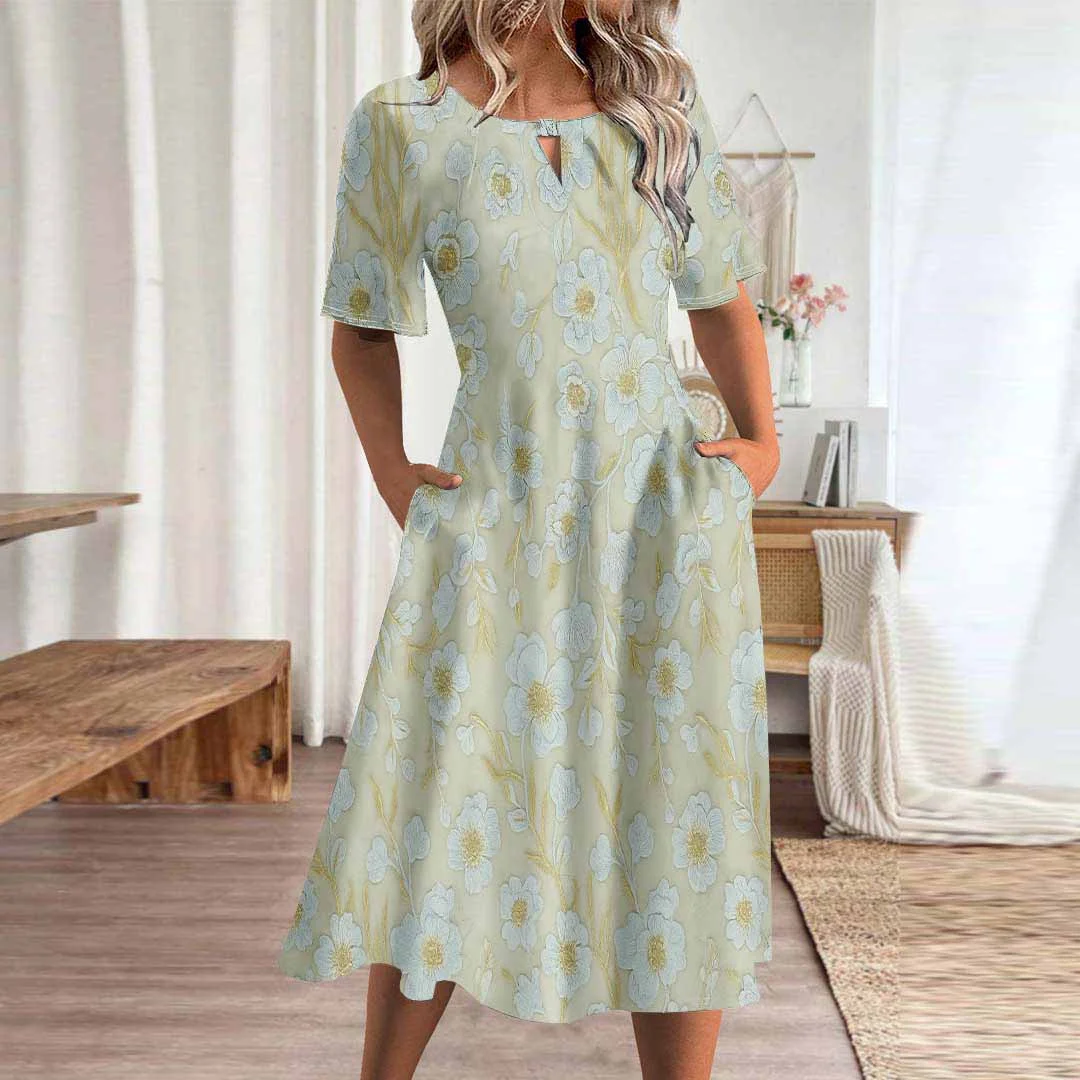 Women Floral,Green DZHA8208 Short Sleeve Scoop Neck Graphic Printed Hollow Midi Dress