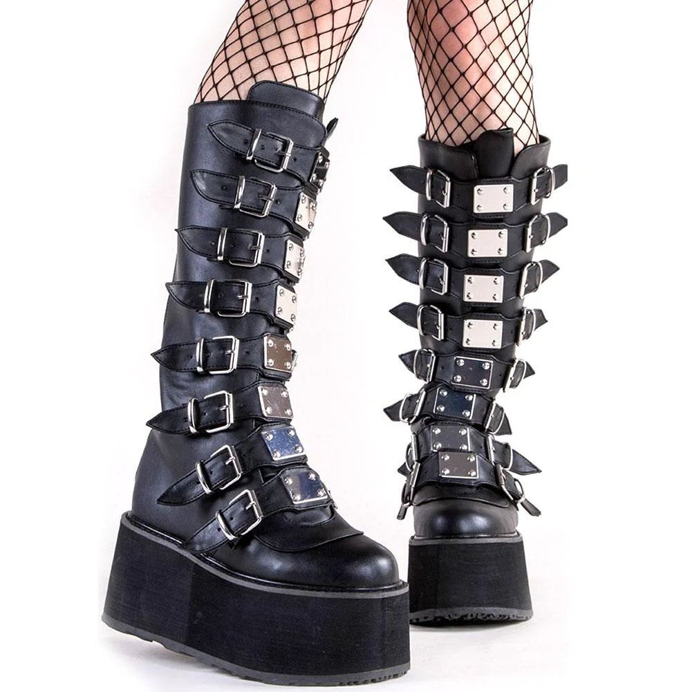 Brand Design Big Size 43 Black Gothic Style Cool Punk Motorcycles Boots Female Platform Wedges High Heels Calf Boots Women Shoes 1118