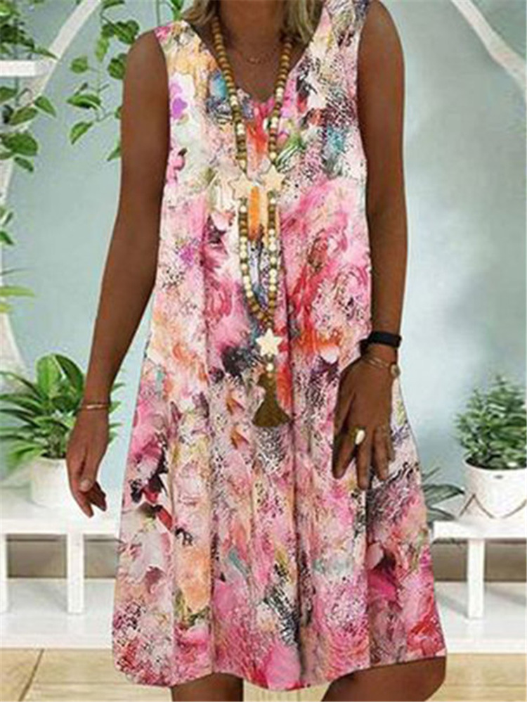 Vintage Print Summer Dress Casual V-neck Short Sleeve Cotton Linen Dresses For Women Plus Size