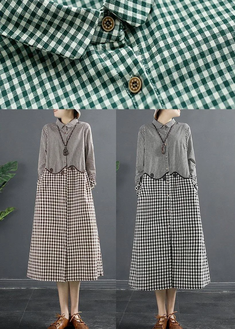 Natural Lapel Patchwork Wardrobes Work Outfits Brown Plaid Maxi Dresses