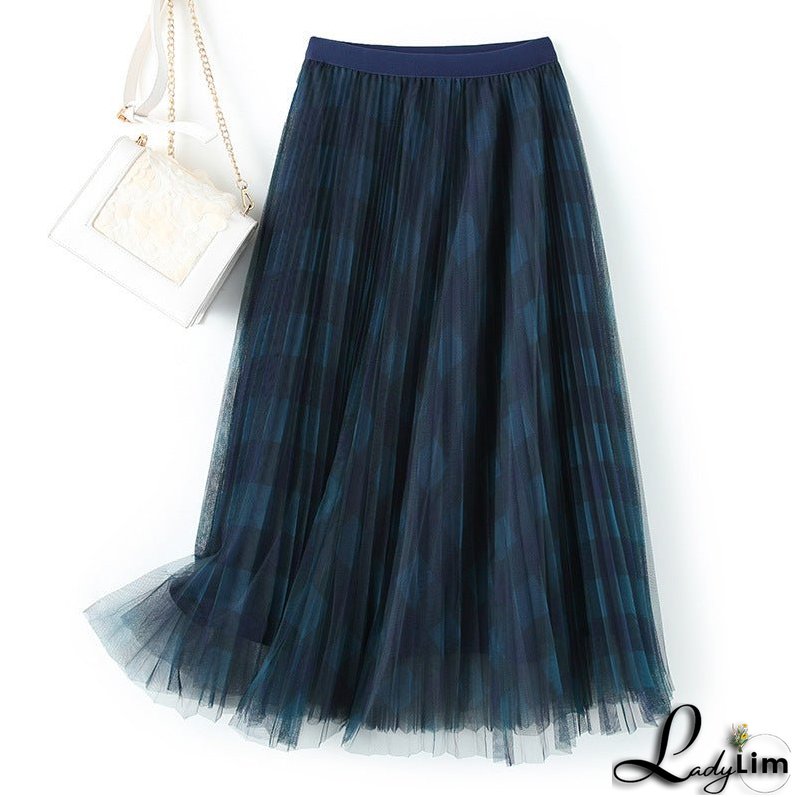 Spring High Waist Mid-length Pleated Skirt Mesh Skirt