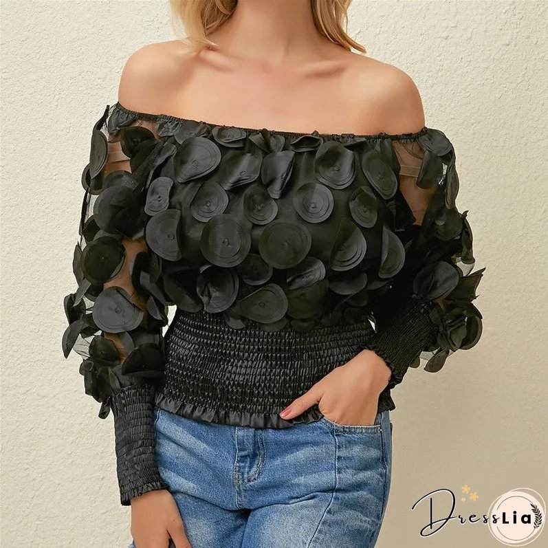 Sexy Off Shoulder Womens Tops And Blouses Mesh Sheer Puff Sleeve Tops Summer 3D Flower Vintage White Women Shirt Blouse 210308